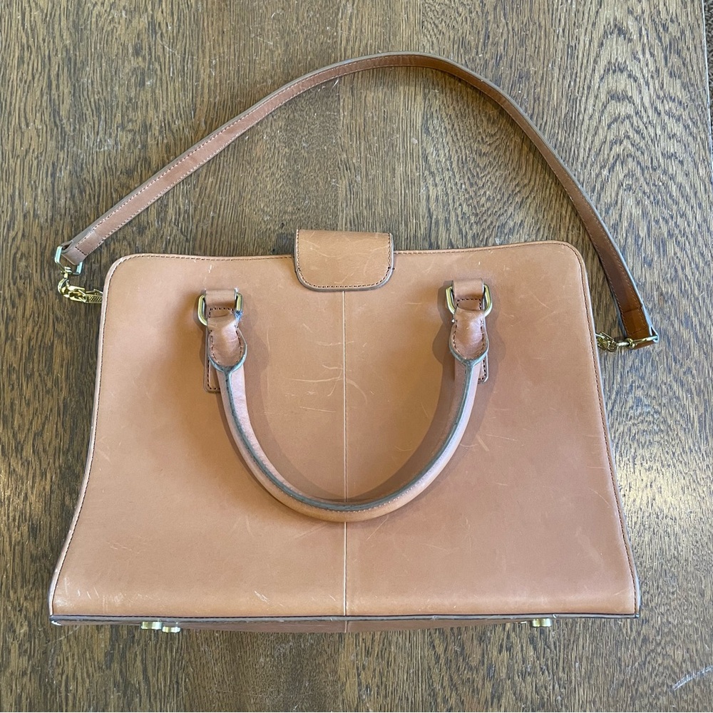 J Crew Edie Pecan Tan Leather Top Handle Structured Attaché Carry All Bag